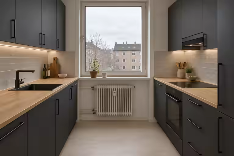 Eksempel: køkken med mørke fronter og bordplade i træ
