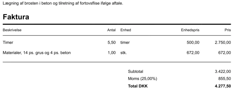 Anonymiseret faktura for brosten og fortovsflise med faktureret pris på 4.277,50 kr.