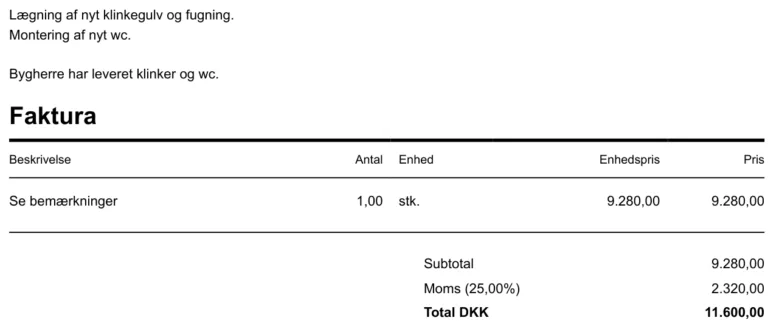 Anonymiseret faktura for klinkegulv på wc med samlet pris på 11.600 kr.