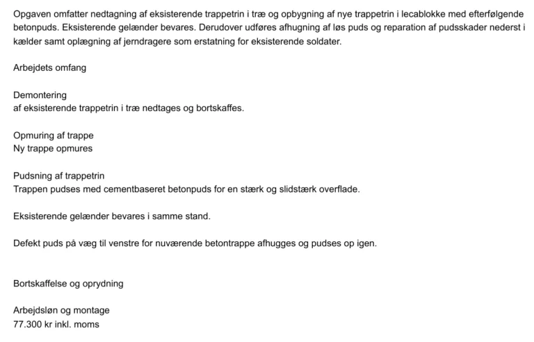 Anonymiseret tilbud på kældertrappe med opgavebeskrivelse og samlet tilbudspris på 77.300 kr.